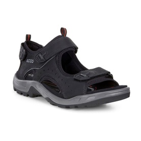 ECCO black nubuck sport sandal with three velcro straps, grey rubber sole and red accent detail