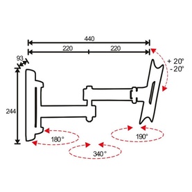 Prestige EasyThree Extra double arm TV bracket diagram showing 440mm reach, 340&deg; swivel, 180&deg; tilt, and +20&deg;/-20&deg; angle range