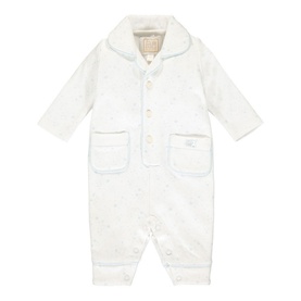 Emile Et Rose Star Print Pyjamas in light blue, collared all-in-one with contrast trim, front pockets and button fastening