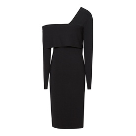 Reiss Ella Asymmetric Bodycon Dress in black, one-shoulder neckline with overlay panel, long sleeve, knee-length fitted silhouette