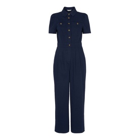 Whistles Emma Pocket Detail Jumpsuit in blue, short sleeves, button-front, collared neckline, wide-leg trousers, patch pockets
