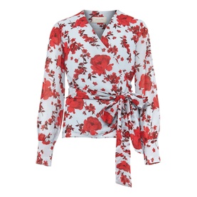 Hobbs Elizabeth Blouse in multi, light blue with red floral print, wrap front, tie waist, long balloon sleeves