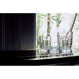Waterford Enis Votive clear crystal candle holders, set of two, with cut glass detailing, displayed on a mirrored surface by a window