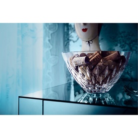 Waterford Enis 9in Bowl in clear crystal, filled with wine corks, styled on a mirrored surface with decorative backdrop