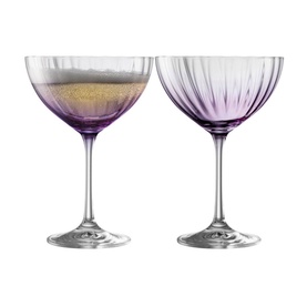 Galway Crystal Erne Cocktail Saucer Champagne Set of 2 in Amethyst, clear stems with purple-tinted bowls and ribbed detailing