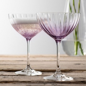 Galway Crystal Erne Cocktail Saucer Champagne glasses, set of 2 in amethyst, ribbed coupe design with clear stems on wooden surface