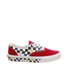 Vans Era Low Top Trainers in red canvas and multicolour checkerboard print with white laces and white rubber sole