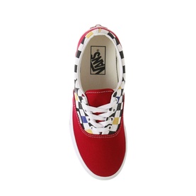 VANS Era Low Top Trainers in red canvas with multicoloured checkerboard heel panel, white laces and cream interior, top-down view