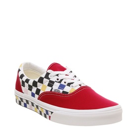 Vans Era Low Top Trainers in red and multicolour checkerboard canvas with white rubber sole and white laces