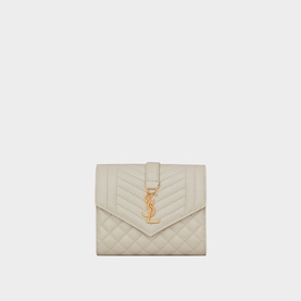 Saint Laurent Monogram Matelass&eacute; Leather Compact Tri-Fold Wallet in white grain de poudre leather with gold YSL monogram clasp