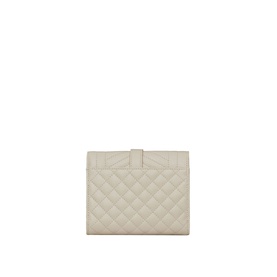 Saint Laurent Monogram Matelass&eacute; Leather Compact Tri-Fold Wallet in white grain de poudre leather, quilted exterior, snap button closure