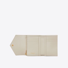 Saint Laurent Monogram Matelass&eacute; Leather Compact Tri-Fold Wallet in white grain de poudre leather, open showing card slots and note compartment