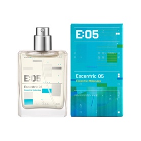 Escentric Molecules Escentric 05 Eau de Toilette glass spray bottle with turquoise and white branded outer box packaging.