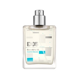 Escentric Molecules Escentric 05 Eau de Toilette Refill, clear glass rectangular flacon with silver spray cap and geometric label design.