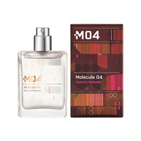 Escentric Molecules Molecule 04 EDT refill bottle beside burgundy and brown graphic box packaging