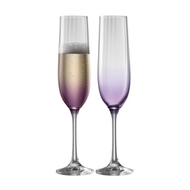 Galway Crystal Erne Flute Set of Two in Amethyst, clear-to-purple ombr&eacute; champagne flutes, one filled with sparkling wine