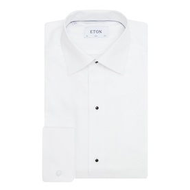 Eton Bib Front Evening Shirt in white with black stud buttons, bib front placket, and double cuffs