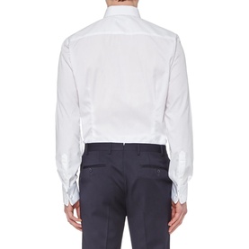Model wearing Eton Bib Front Evening Shirt in white, back view, styled with navy trousers