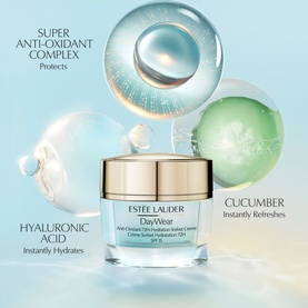 Est&eacute;e Lauder DayWear Anti-Oxidant 72H-Hydration Sorbet Creme SPF 15 moisturiser jar with key ingredient callouts: hyaluronic acid, cucumber, super