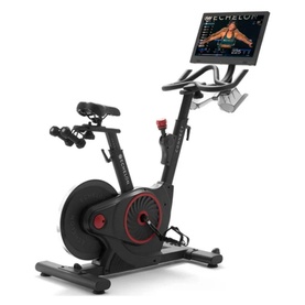 Echelon EX5S Connect Bike in black with rotating touchscreen display, adjustable handlebars, and red accent details on flywheel cover