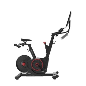 Echelon EX5S Connect Bike in black with red accents, upright indoor cycling design with adjustable seat and mounted tablet screen