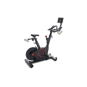 Echelon EX5S Connect Bike in black with adjustable seat, red accents, and attached tablet holder on a stabilised base