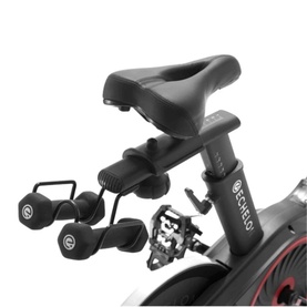 Echelon EX5S Connect Bike in black, close-up of seat, handlebars, and pedal detail with branded side panels visible