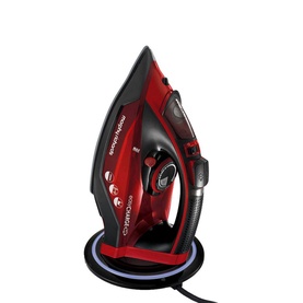 Morphy Richards Easy Charge Cordless Iron in red and black on illuminated charging base, cordless design with ergonomic handle
