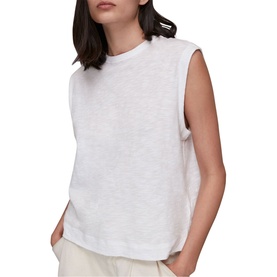 Model wearing Whistles Easy Muscle Vest Top in white cotton, styled with cream wide-leg trousers