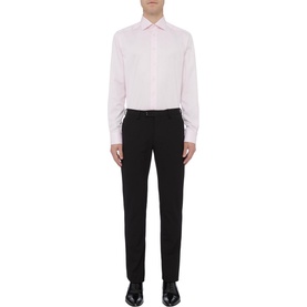 Model wearing Eton Contemporary Fit Twill Shirt in pink, single cuff, styled with black tailored trousers and black shoes