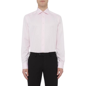 Model wearing Eton Contemporary Fit Twill Shirt in pink, single cuff, styled with black trousers