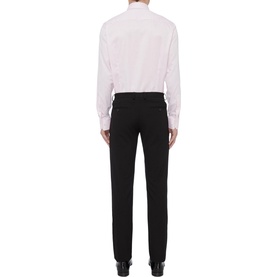 Model wearing Eton Contemporary Fit Twill Shirt in pink, single cuff, styled with black tailored trousers. Rear view