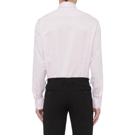 Model wearing Eton Contemporary Fit Twill Shirt in pink, single cuff, styled with black trousers. Rear view