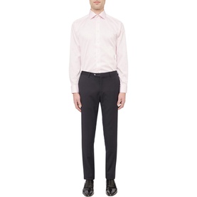 Model wearing Eton Slim Double Twill Shirt in pink, single cuff regular fit, styled with dark navy trousers and black dress shoes