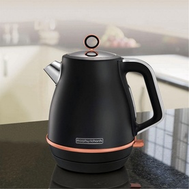 Morphy Richards Evoke Jug Kettle in black and rose gold, 1.5L capacity, matte finish with copper base ring detail