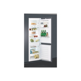 Whirlpool 70-30 Integrated Fridge Freezer with open doors showing stocked fridge compartment above freezer drawer