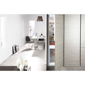 Whirlpool 70-30 Integrated Fridge Freezer shown open in a modern kitchen-diner, revealing shelved interior with food storage