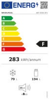 Whirlpool 70-30 Integrated Fridge Freezer EU energy label, rated E, 283 kWh/annum, 79L freezer and 184L fridge capacity