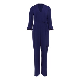 Phase Eight Eydie Fluted Sleeve Jumpsuit in blue with V-neck, fluted 3/4 sleeves, wide-leg trousers and self-tie belt