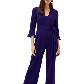 Model wearing Phase Eight Eydie Fluted Sleeve Jumpsuit in blue, V-neck, 3/4 fluted sleeves, wide-leg trousers with belt tie waist