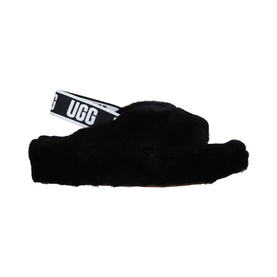 UGG Australia Fab Yeah Shearling Slides in black with fluffy upper and branded elastic strap, flat sole