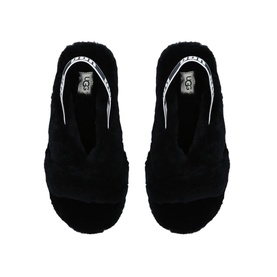 UGG Australia Fab Yeah Shearling Slides in black, top-down view showing fluffy shearling upper and branded insole