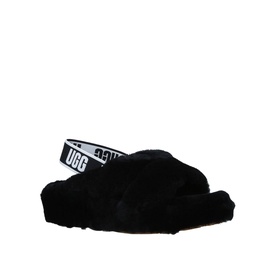 UGG Australia Fab Yeah Shearling Slides in black with crossover fluffy upper and branded elastic back strap, flat sole