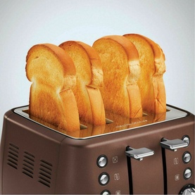 Morphy Richards Evoke 4 Slice Toaster in bronze-brown finish with four slots, shown toasting golden-brown bread slices