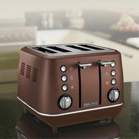 Morphy Richards Evoke 4 Slice Toaster in bronze-brown, featuring four slots, dial controls, and chrome accents on dark countertop
