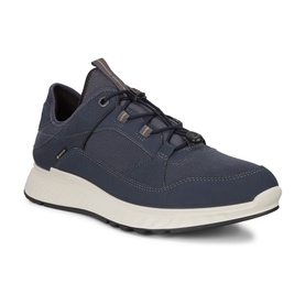 Ecco Exostride men's trainer in blue nubuck leather with white sole and dark brown laces, three-quarter view