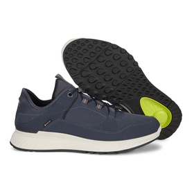 Ecco Exostride men's trainers in blue, white midsole, yellow-green outsole, shown as pair from top and sole angle