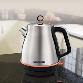 Morphy Richards Evoke Jug Kettle 1.5L in brushed stainless steel with rose gold base and lid detail, on dark countertop