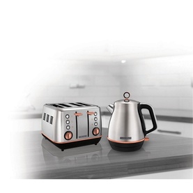 Morphy Richards Evoke Jug Kettle 1.5L in brushed steel with rose gold accents, styled with matching 4-slice toaster on kitchen counter