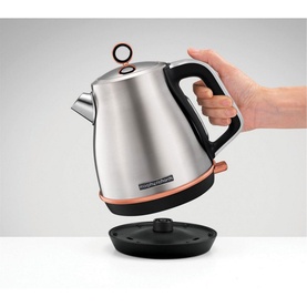 Morphy Richards Evoke Jug Kettle 1.5L in polished stainless steel with rose gold accents, shown being lifted from black base